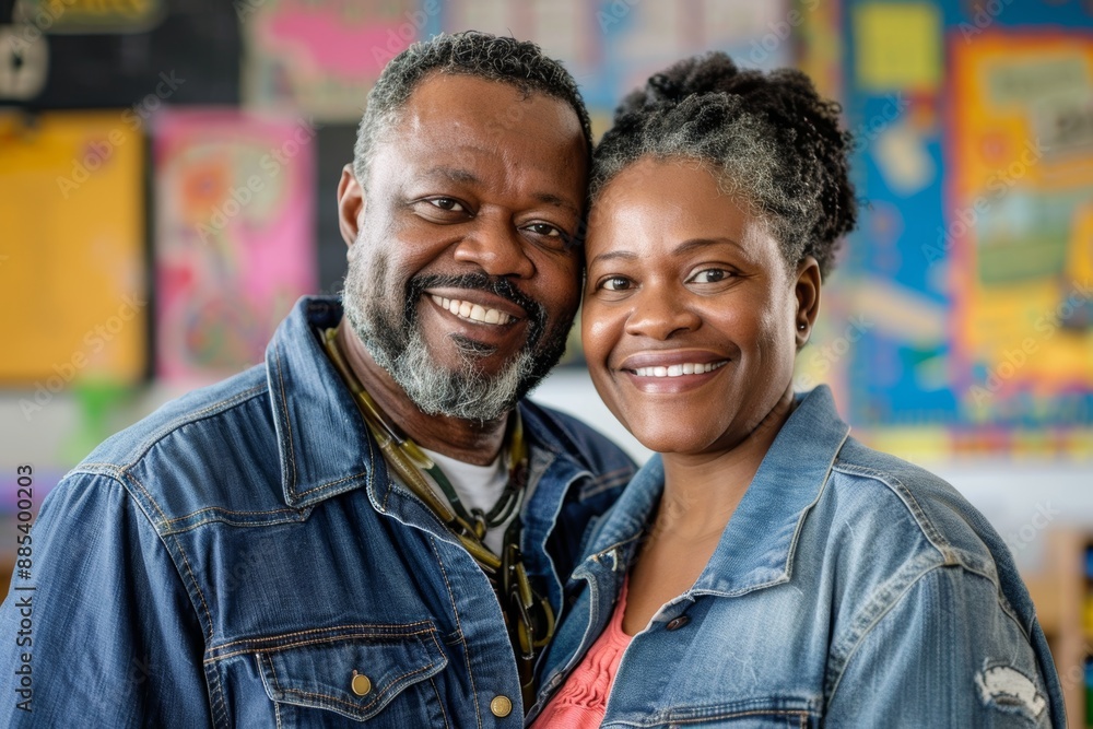 Portrait of a content afro-american couple in their 40s sporting a rugged denim jacket on lively classroom background Portrait of a content afro-american couple in their 40s sporting a rugged denim jacket on lively classroom background