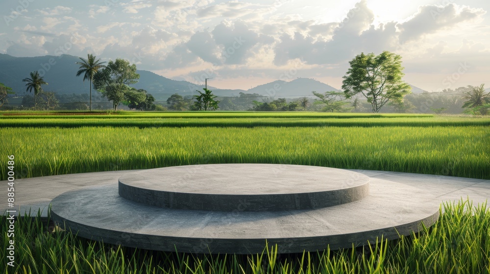 Obraz premium Round Podium with Rice Field Background