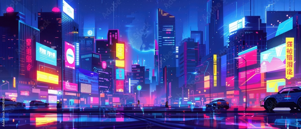 nighttime cyberpunk city illustration with neon lights and futuristic architecture nighttime cyberpunk city illustration with neon lights and futuristic architecture