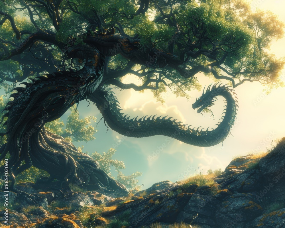 Mystical Dragon Coiled Around Enchanted Tree in 8K Resolution Mystical Dragon Coiled Around Enchanted Tree in 8K Resolution