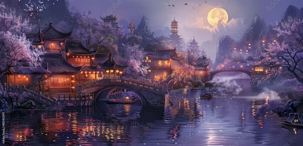 A beautiful painting of the ancient Chinese city with purple flowers, a night scene with bright moonlight shining on the water and buildings A beautiful painting of the ancient Chinese city with purple flowers, a night scene with bright moonlight shining on the water and buildings