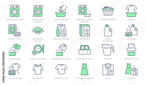 Laundry process line icons. Vector illustration include icon - washing machine, shirt, liquid detergent, basin, beaker outline pictogram for cloth cleaning. Green Color, Editable Stroke