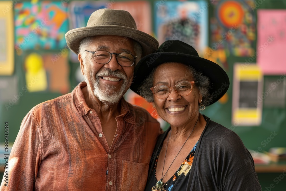 Portrait of a happy mixed race couple in their 70s donning a classic fedora while standing against lively classroom background Portrait of a happy mixed race couple in their 70s donning a classic fedora while standing against lively classroom background