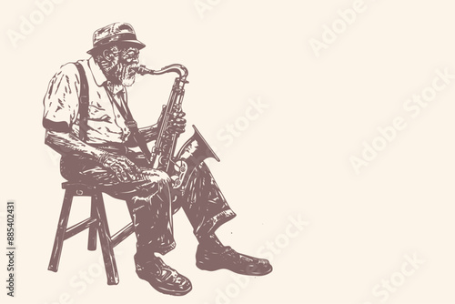 An old gray-haired black man plays the blues on the saxophone, vector illustration