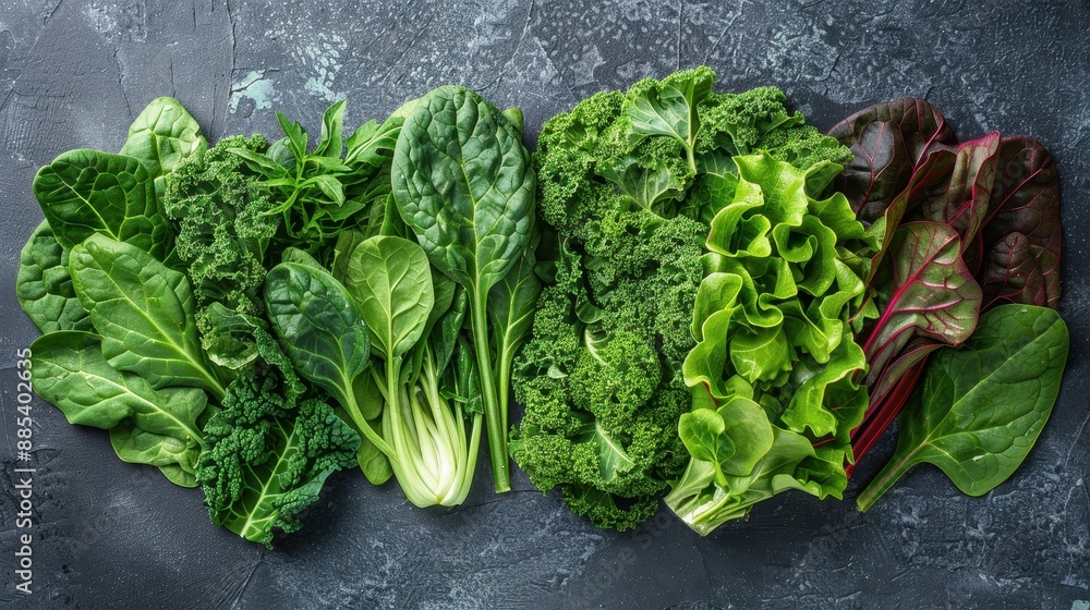 A detailed photo of an assortment of leafy greens like spinach and kale A detailed photo of an assortment of leafy greens like spinach and kale