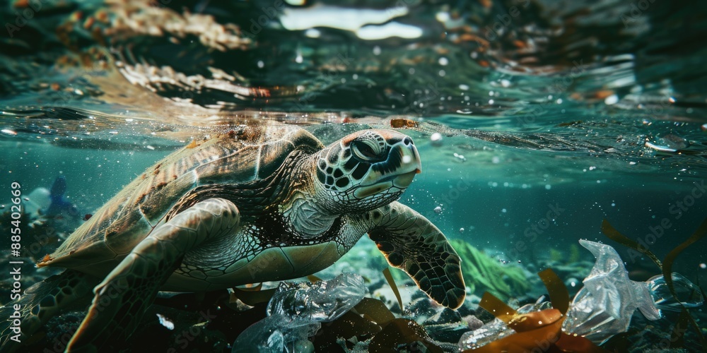 Fototapeta premium Turtle swimming in polluted ocean
