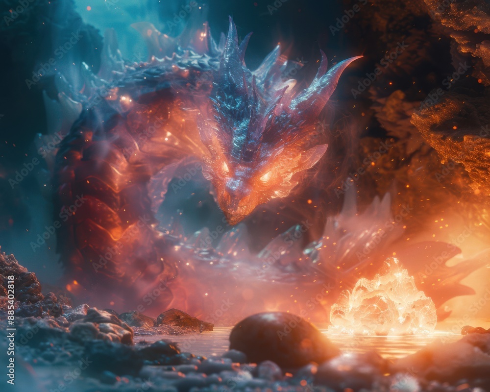 Mystical Dragon Guardian of Enchanted Crystal in Dark Cave - Hyper-realistic Fantasy Art 8K Resolution Mystical Dragon Guardian of Enchanted Crystal in Dark Cave - Hyper-realistic Fantasy Art 8K Resolution