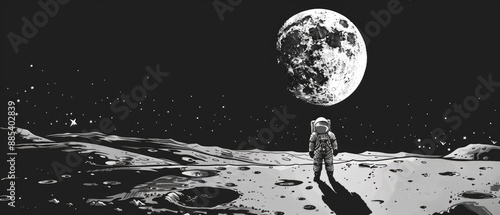 spaceman exploring the surface of the moon with cratered landscape and stars in the sky photo