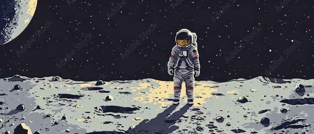 Obraz premium astronaut on the moon's surface with American flag and lunar module in the background