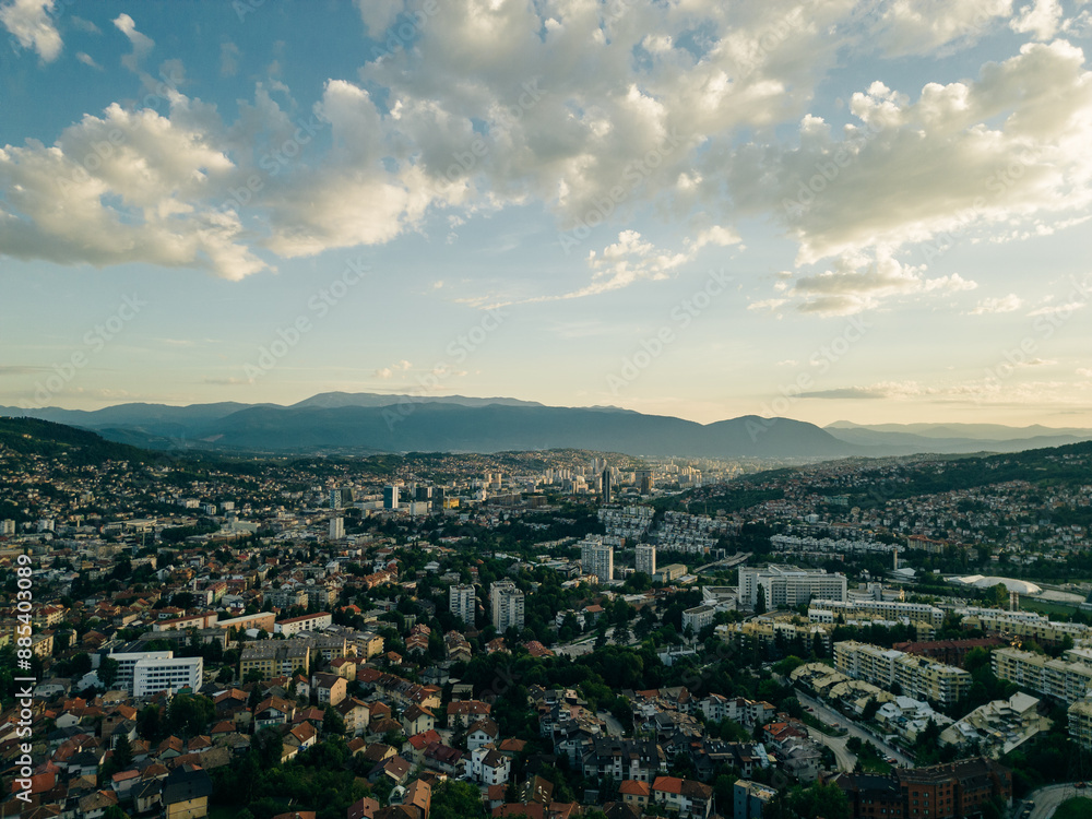 Obraz premium Aerial view of Sarajevo city at sunset in Bosnia and Herzegovina