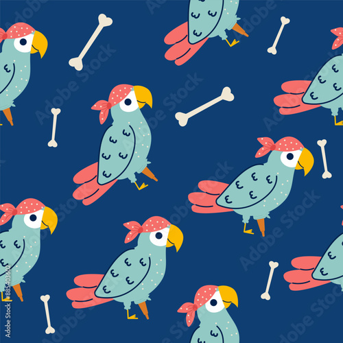 Parrot pirate character seamless pattern in flat design