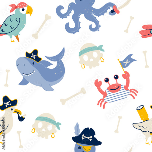 Seamless pattern characters pirate octopus parrot shark crab skull