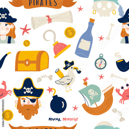 Cute pirate elements seamless pattern in flat design