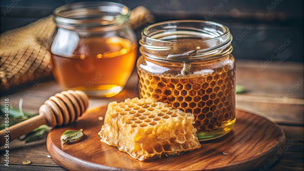 Glass jar filled with golden honey next to honeycombs on a rustic table , honey, sweet, natural, organic, food, dessert, healthy Glass jar filled with golden honey next to honeycombs on a rustic table , honey, sweet, natural, organic, food, dessert, healthy