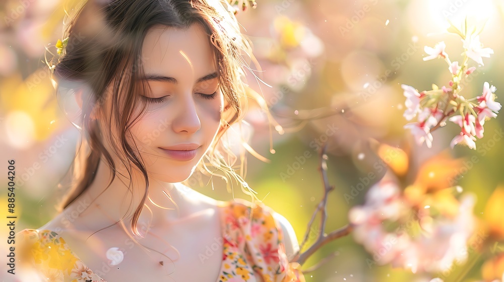 Fototapeta premium A girl in a floral print dress, with light accessories and a fresh look, standing in a spring garden filled with cherry blossoms and lush greenery,
