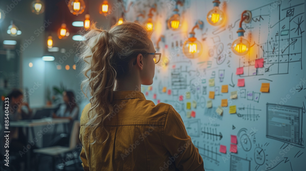Woman Brainstorming with Sticky Notes on Wall in Creative Office with Warm Lighting Woman Brainstorming with Sticky Notes on Wall in Creative Office with Warm Lighting