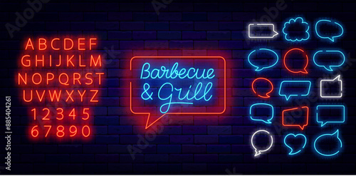 Barbecue and grill neon flyer with lettering. Poster template. BBQ event invitation. Street eating. Speech bubble frames collection. Grill event invitation. Glowing red alphabet. Vector illustration