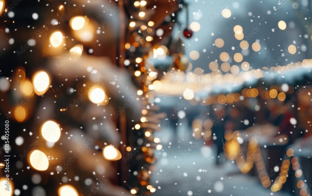 Christmas market at night, snow falling gently, festive stalls adorned with lights, people sipping hot cocoa cozy ambiance, twinkling lights, winter evening Christmas market at night, snow falling gently, festive stalls adorned with lights, people sipping hot cocoa cozy ambiance, twinkling lights, winter evening