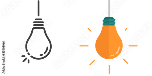 Light bulb line outline stroke art hanging on wire icon vector isolated cut out modern design illustration set, lightbulb lamp flat cartoon simple illustration image clip art
