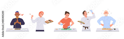 Sushi master diverse cartoon people character wearing uniform preparing delicious oriental food