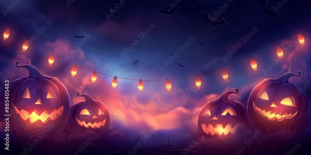 Halloween background with copy space, Jack-o-Lantern with misty fog drifting under string lights Halloween background with copy space, Jack-o-Lantern with misty fog drifting under string lights