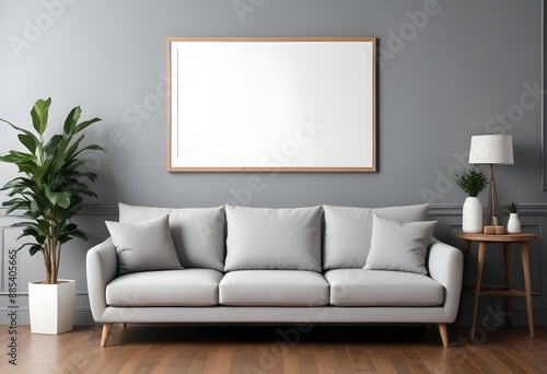 Mockup poster frames on the wall of the room. Modern Interior mockup. Apartment background. Modern Japandi interior design. 3D render