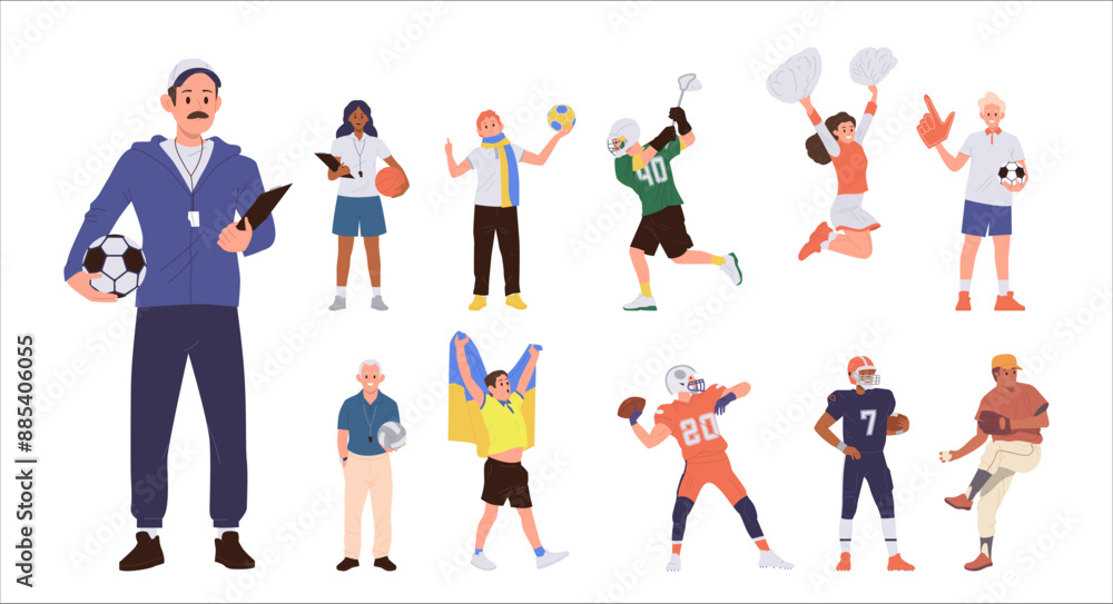 Fototapeta premium Diverse people sports lover cartoon male female characters standing isolated on white background