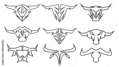 Collection of horned animal heads line art style, set of symmetric flat of buffalo cow and bull, black and white animals shapes illustration for t-shirt prints, posters, tattoos and signs