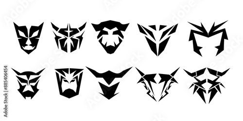 collection of 10 tribal shapes with a stiff touch. Set of Symmetrical Tribal animals mask Pattern Cyber ​​Gothic Elements in Abstract White black Print for t-shirt, hoodie and sweatshirt or card
