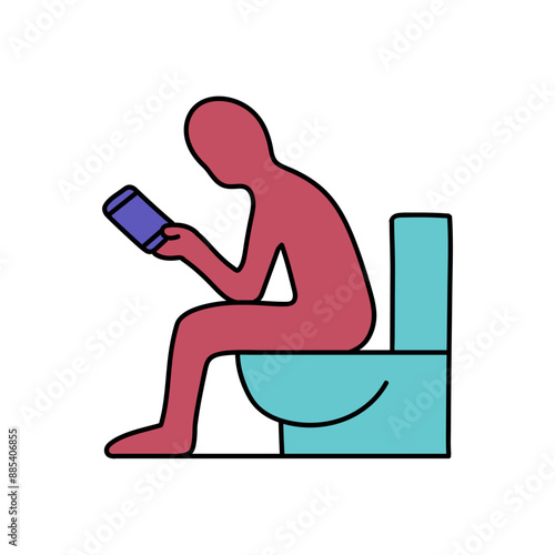 man sitting in toilet and holding smart phone hand drawn color vector illustration