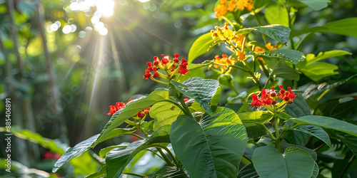 Luz solar filtrando através de folhas exuberantes verdes com flores vibrantes vermelhas e amarelas. photo