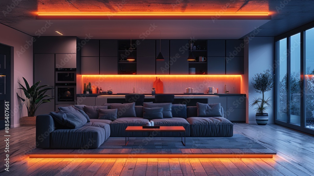 Modern living room with stylish LED lighting, cozy gray sofa, panoramic windows, and contemporary kitchen design. Modern living room with stylish LED lighting, cozy gray sofa, panoramic windows, and contemporary kitchen design.