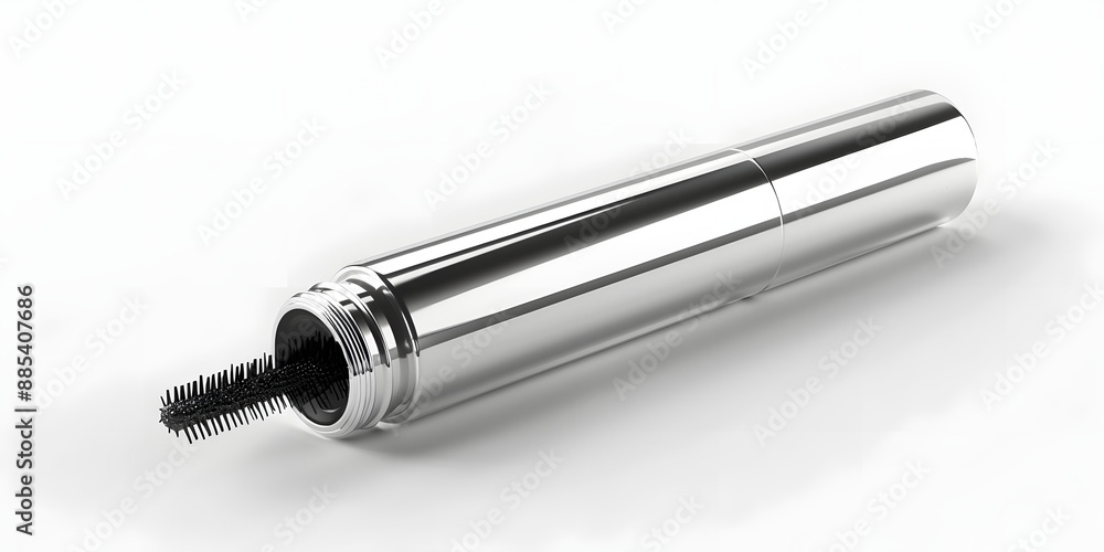 A mascara tube and brush are shown on a white background A mascara tube and brush are shown on a white background