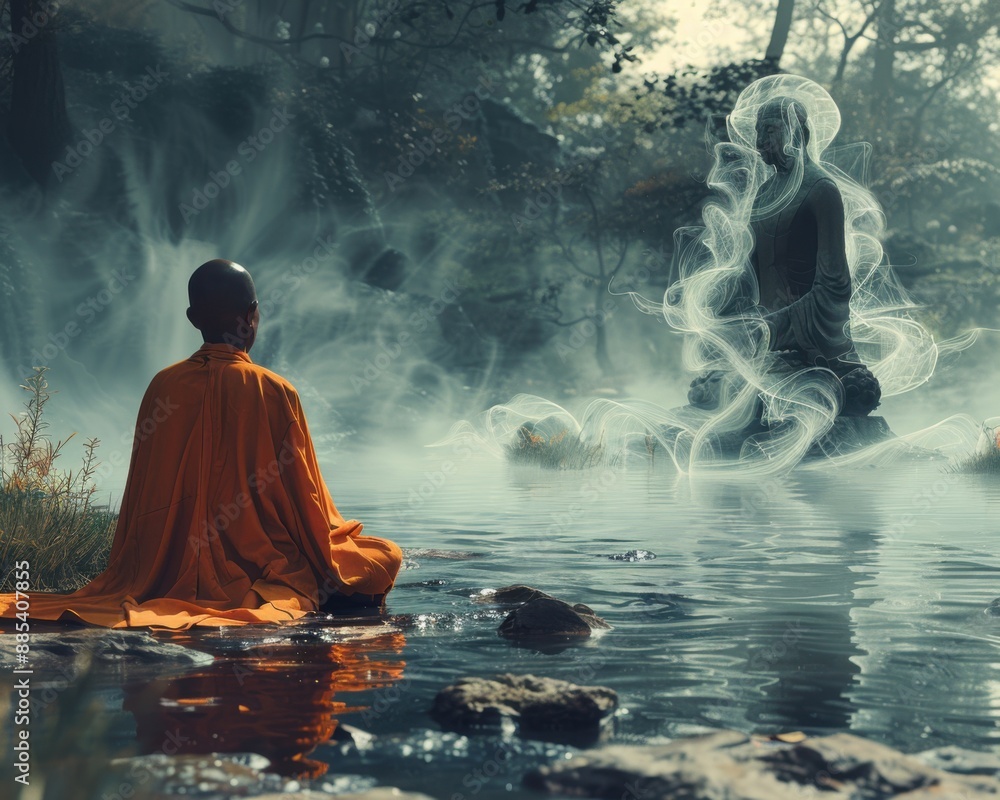 Enlightened Novice Monk Meditating by River: Spiritual Encounter with Glowing Naga Spirit, 8k Resolution Enlightened Novice Monk Meditating by River: Spiritual Encounter with Glowing Naga Spirit, 8k Resolution