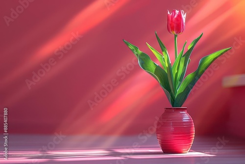 Illustrate a minimalist, tilted angle view of a single elegant tulip in a vibrant, solidcolored vase, emphasizing the flowers graceful curves and delicate petals photo