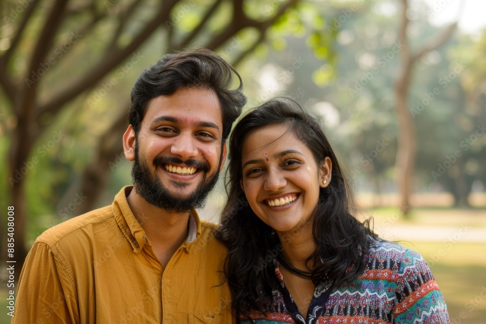 Portrait of a grinning indian couple in their 20s wearing a simple cotton shirt while standing against bright and cheerful park background Portrait of a grinning indian couple in their 20s wearing a simple cotton shirt while standing against bright and cheerful park background