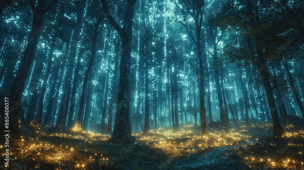 Obraz premium Mystical forest illuminated by vibrant blue light, with glowing fireflies creating an enchanting and magical atmosphere.