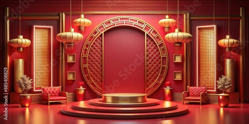 Modern Minimalist Presentation Stage with red and gold Chinese theme