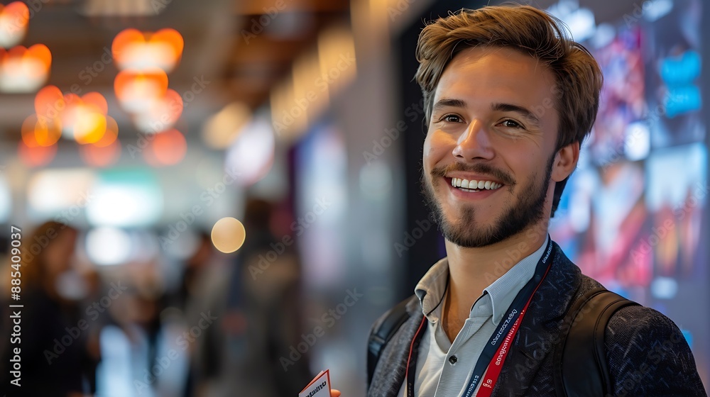Naklejka premium A businessman confidently networking at an industry event, smiling and exchanging business cards with a new contact, sleek venue with glass walls, digital screens showcasing company logos,