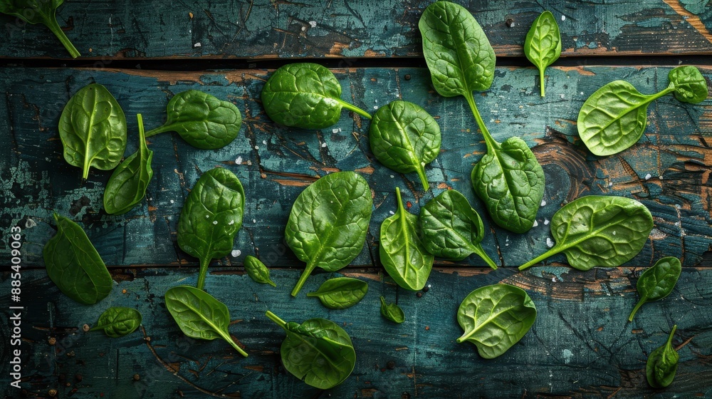 A high-resolution photo of fresh spinach leaves on a wooden surface A high-resolution photo of fresh spinach leaves on a wooden surface