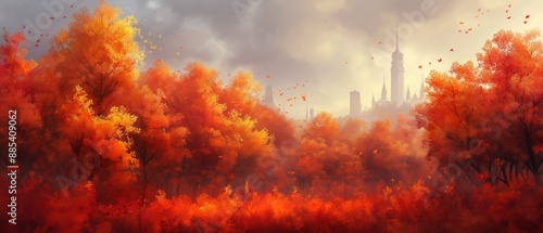 painting style illustration beautiful landscape, Autumn red maple tree park with urban cityscape as background