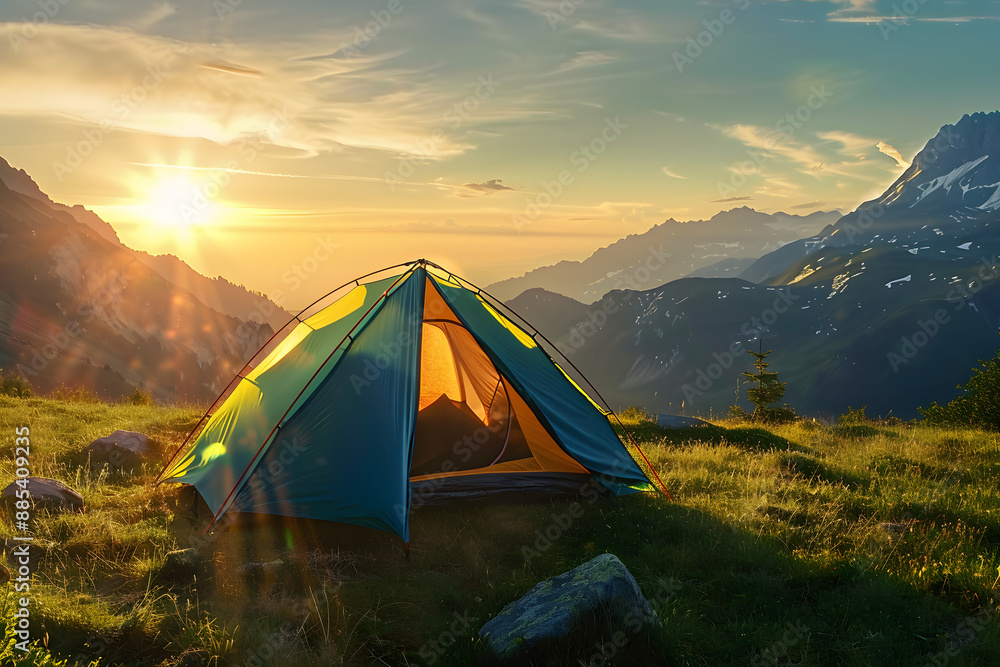 camping tent high in the mountains tourist tent camping in mountains at sunset camping tent high in the mountains tourist tent camping in mountains at sunset