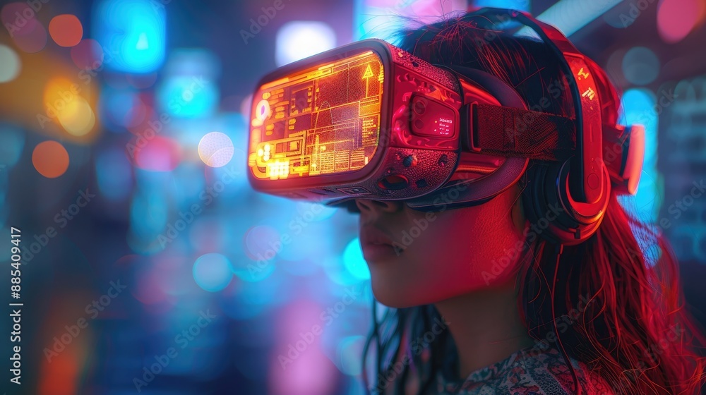 Woman immersed in virtual reality with VR headset in a vibrant neon-lit setting, exploring futuristic technology and digital experiences. Woman immersed in virtual reality with VR headset in a vibrant neon-lit setting, exploring futuristic technology and digital experiences.
