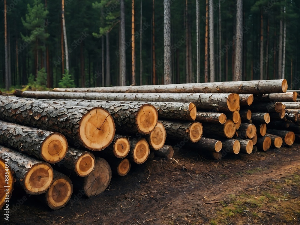 Panoramic view of pine and spruce forest, log trunks stacked for timber logging Panoramic view of pine and spruce forest, log trunks stacked for timber logging