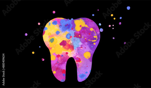 Tooth icon. Vector colorful watercolor illustration on black background