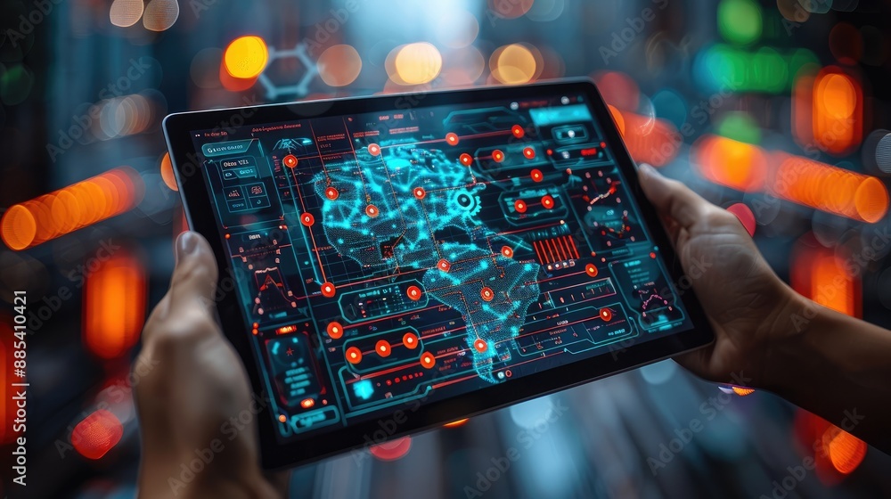 A person holding a digital tablet displaying a futuristic map with circuit-like design in a vibrant, technology-focused environment. A person holding a digital tablet displaying a futuristic map with circuit-like design in a vibrant, technology-focused environment.
