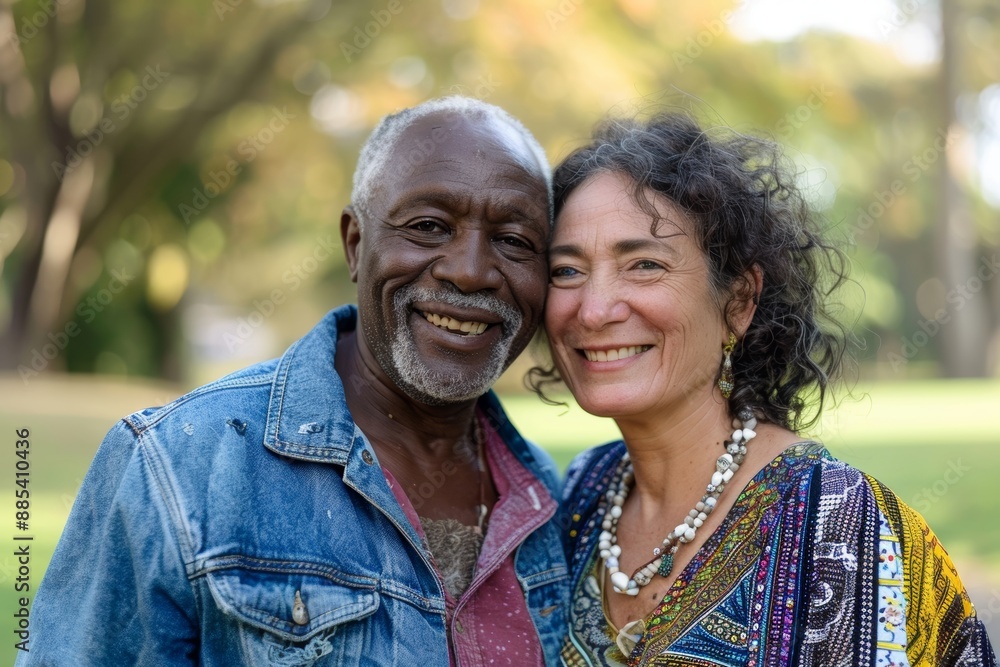 Portrait of a smiling multiethnic couple in their 70s sporting a rugged denim jacket isolated in bright and cheerful park background Portrait of a smiling multiethnic couple in their 70s sporting a rugged denim jacket isolated in bright and cheerful park background