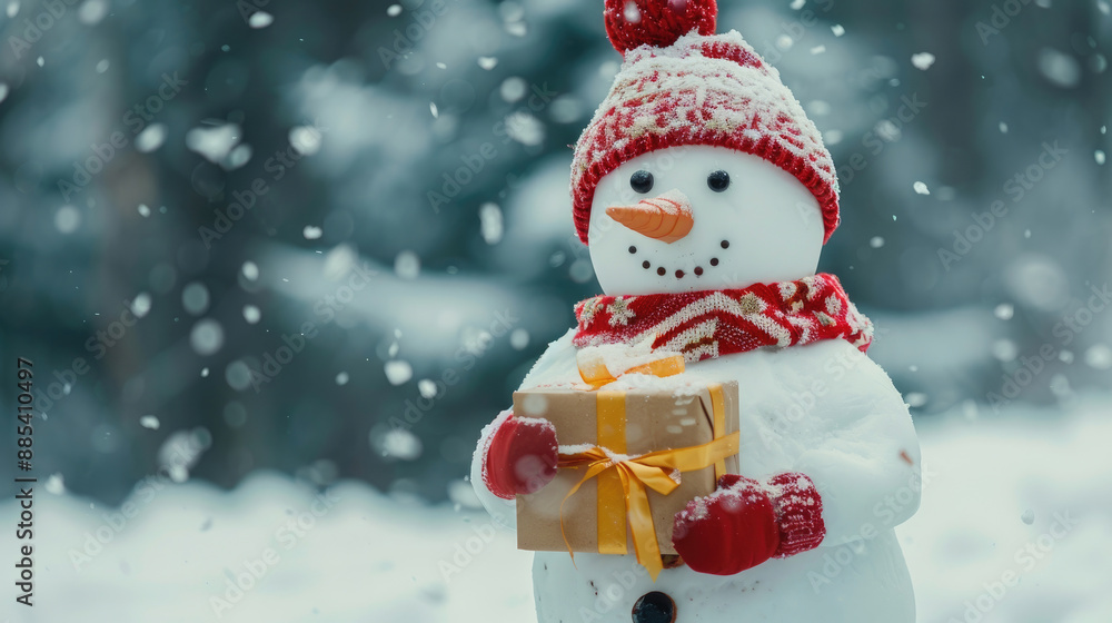 Fototapeta premium Snowman Holding Gift in Winter Wonderland
