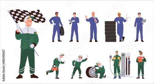 Car service and pit stop male worker cartoon characters wearing uniform isolated on white background