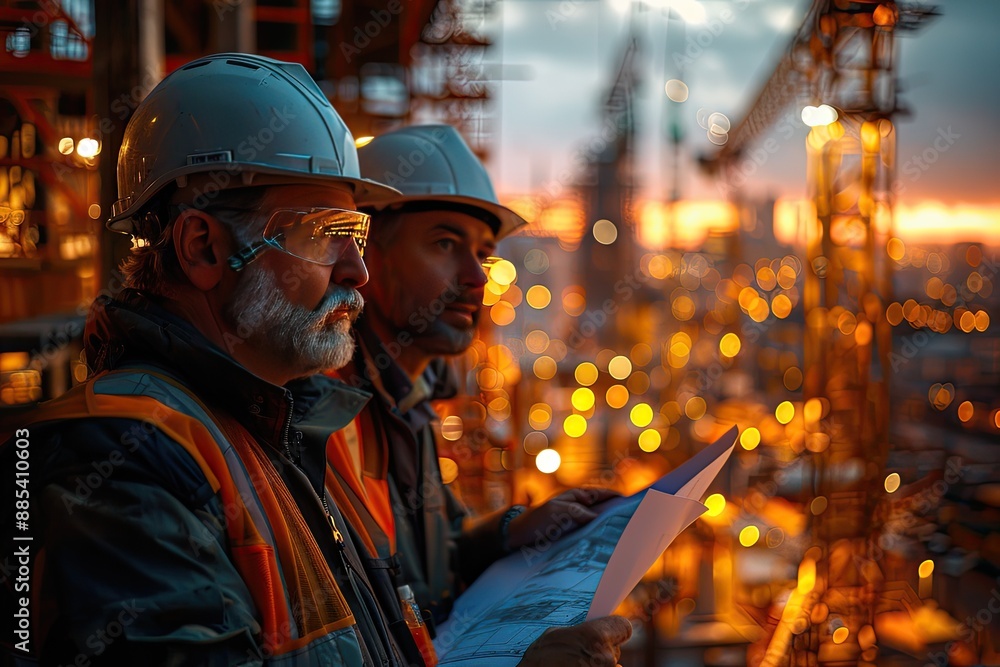 Obraz premium Architects discussing blueprints at a construction site with cranes in the background